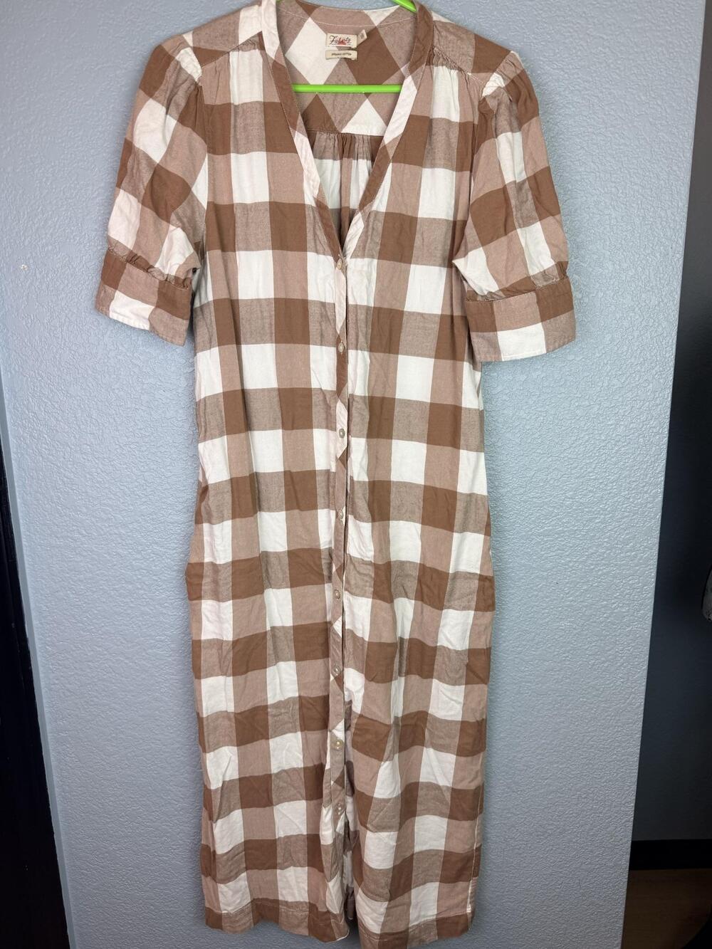 Faherty Shirt Dress Womens Small Brown Check Organic Cotton Button Front Twill